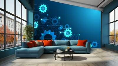 Vector illustration gear circuit board background. future digital technology and engineering, digital telecom technology concept. abstract futuristic on dark blue color background EP.1 Wall mural