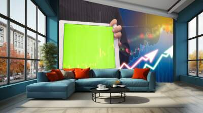 businessman working from home using smart phone and tablet, man at his workplace using technology, flare light and Stock market digital graph chart on LED display Wall mural