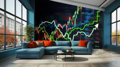 Stock market digital graph chart on LED display concept. A large display of daily stock market price and quotation. Indicator financial forex trade education background. Wall mural