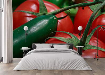 red tomatoes, green peppers, and golden onions on a table in a kitchen Wall mural