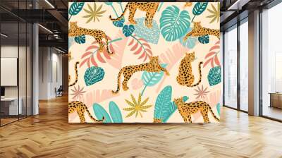 Leopard pattern with tropical leaves. Vector seamless texture. Wall mural