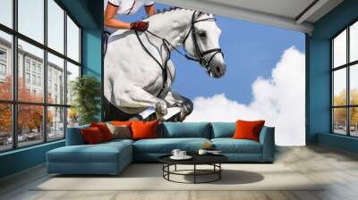 Girl jumping with white horse, isolated, blue sky, white clouds background. Rider in white uniform, equestrian sports. Horizontal header or banner. Ambition, breaking through, free, health concept. Wall mural