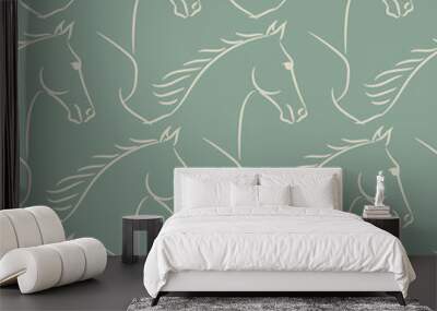 Seamless pattern with beige horses, green background. Realistic vector illustration. Wall mural