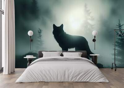  A silhouette of a wolf  at the moon in a night landscape with a black sky and distant mountains Wall mural