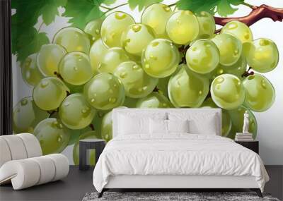 A bunch of ripe green grapes on a vine with leaves, isolated against a white background, representing fresh and juicy summer fruit Wall mural