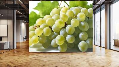 A bunch of ripe green grapes on a vine with leaves, isolated against a white background, representing fresh and juicy summer fruit Wall mural