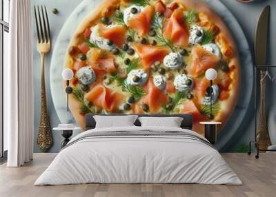 A variety of mushroom pizzas with cheese and tomatoes on a white background Wall mural