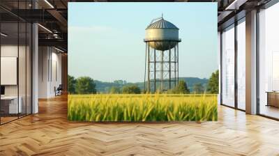 A vintage water tower stands tall amidst  fields under a clear sky, showcasing rural landscapes in the afternoon light Wall mural