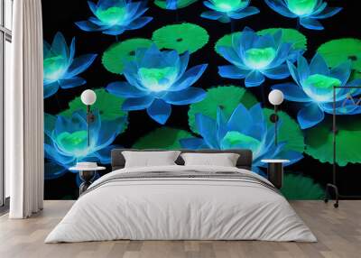 Blue water lily with pink lotus flowers in a tropical underwater scene, surrounded by colorful fish and vibrant aquatic plants, showcasing the beauty of nature in a serene ocean setting Wall mural