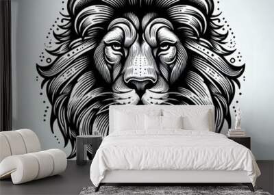 Intricate black and white illustration of a lion's face with detailed flowing mane and decorative elements Wall mural