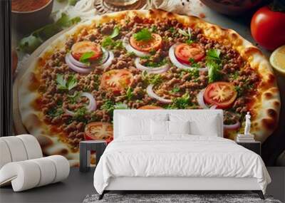 Isolated, baked pizza crust with mozzarella cheese, tomato sauce, and fresh basil leaves Wall mural