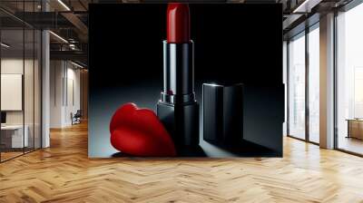 Red lipstick on a black background: a vibrant, glossy, and glamorous accessory for beauty and fashion Wall mural