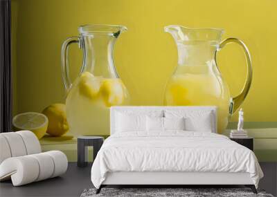 Still life of lemon juice in a glass with whole lemons and a cup, showcasing fresh and healthy citrus drink with a yellow and white color scheme Wall mural