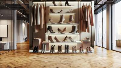 Woman shopping for stylish footwear in a boutique filled with leather boots and fashionable shoes on display Wall mural