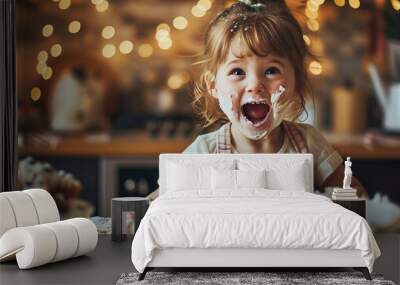 A kid making a cake with surprised and proud expression. Concept of creative and careless Wall mural