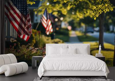 American flags lining the sidewalks, celebrating USA national freedom day Wall mural