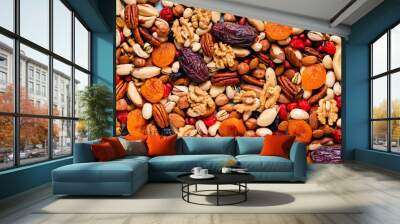 Background from various nuts and dried fruits Wall mural