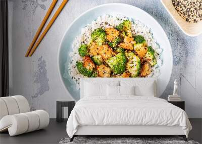 Fried tempeh with rice and broccoli. Wall mural