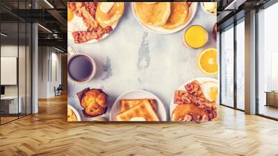 Healthy Full American Breakfast with Eggs Bacon Pancakes and Latkes. Wall mural