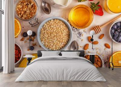 Ingredients for a healthy breakfast -  oatmeal, granola, honey,  Wall mural