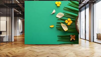 A bowl of cooked rice with a green leaf background and yellow flower accents. Wall mural