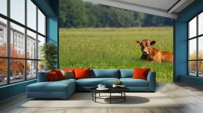 A brown cow lies in a field of green grass with a blurred background of trees. Wall mural