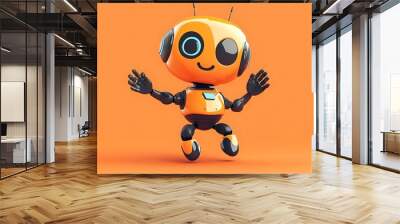 A cheerful cartoon robot with a big smile jumps in the air, against a bright orange backdrop. Wall mural