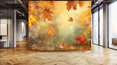 A close-up of falling autumn leaves in the rain, with blurred background and bright light shining through. Wall mural