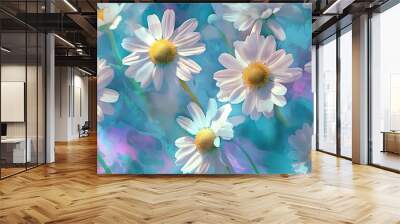 A close-up of white daisies against a soft blue background. The flowers are in focus, and the background is blurred. The daisies have yellow centers and white petals. Wall mural