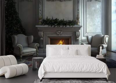 A cozy living room with a lit fireplace, two armchairs, a Christmas tree, and a rug. Wall mural