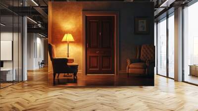 A dimly lit room with two armchairs, a table lamp, a closed door, and a framed picture on the wall. Wall mural