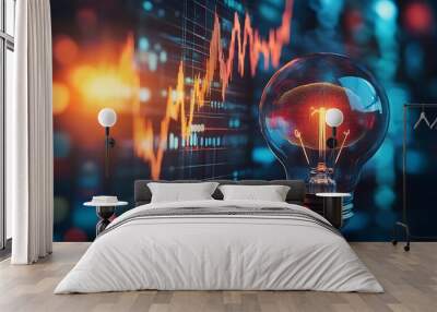 A glowing light bulb with a network of data inside, set against a background of a financial graph. Wall mural