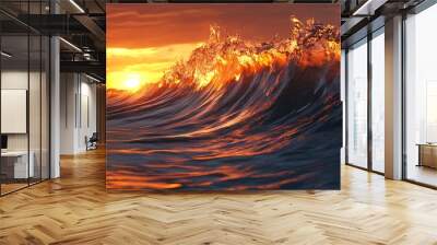 A large wave crests as the sun sets, casting an orange glow on the water. Wall mural