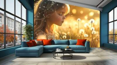 A little girl with long blonde hair stands in a field of dandelions, the sun setting behind her.  She has her eyes closed and seems to be making a wish. Wall mural