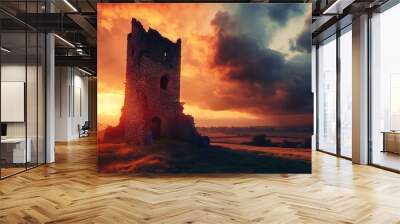 A lone stone tower stands atop a hill, bathed in the golden light of a dramatic sunset. The sky is ablaze with fiery hues,  Wall mural