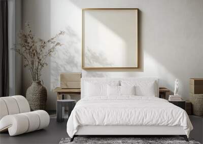 A modern minimalist living room with a wooden bench, a large wicker vase with dry branches, two stacks of cardboard boxes, a framed blank canvas, and a window behind it. Wall mural