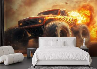 A monster truck with flames painted on the side and huge wheels, speeds along a dirt track with flames trailing behind. Wall mural