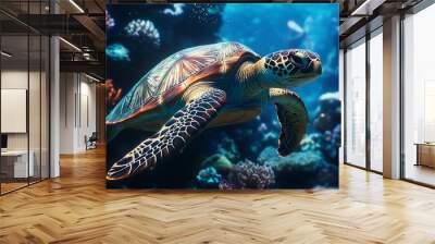 A sea turtle swims through a vibrant coral reef, showcasing its intricate shell and the beauty of the underwater world. Wall mural