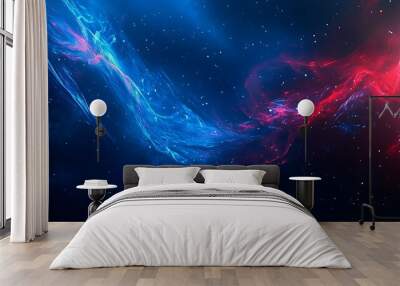 An abstract cosmic background with swirling streaks of blue and red against a dark blue background sprinkled with white dots. Wall mural