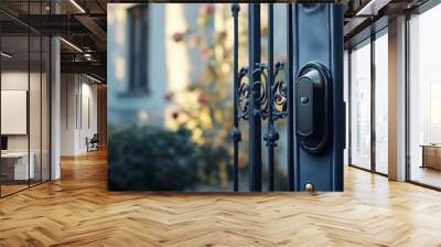 Close-up of a modern electronic door lock on a dark blue gate with a blurred background of a house and foliage. Wall mural