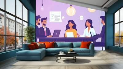 Four people are sitting around a table in a meeting. They are discussing something on their laptops, and there is a whiteboard behind them with check marks on it. Wall mural