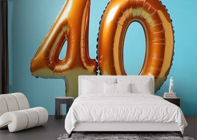 Two golden balloons, one shaped as a 4 and the other shaped as a 0, are floating on a light blue background. Wall mural