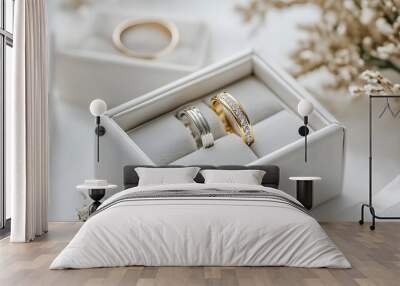 Two wedding rings in a white box, one gold with diamonds, the other silver. Wall mural