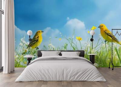 Two yellow birds perched in a field of green grass and white and yellow flowers, against a bright blue sky with white clouds. Wall mural