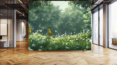 Two yellow birds stand in a field of daisies with trees on either side. Wall mural