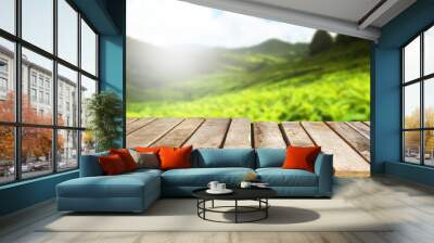 Two layers wooden table top on blur green tea mountain and grass field.Fresh and Relax concept.For montage product display or design key visual layout.View of copy space. Wall mural