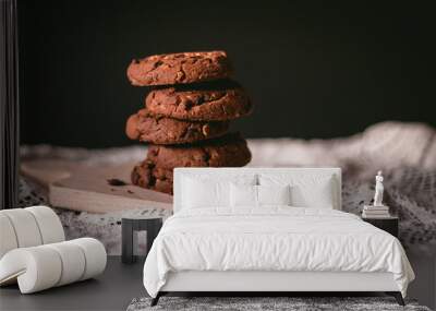 Delicious homemade chocolate cookies on a wooden table Wall mural