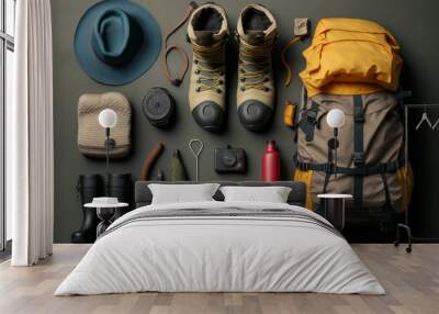 Flat lay of camping equipment and trekking clothes. Packing backpack for a trip concept with traveler items isolated on a grey background. Generative AI. Wall mural