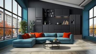 sleek elegance of a dark kitchen interior, featuring an empty grey wall, a panoramic window, a modern sink, a gas cooker, and neatly arranged crockery. Wooden floor minimalist design. Generative AI. Wall mural