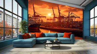 the infrastructure of a modern port, including docks, ships, cranes, and logistics equipment. Generative AI. Wall mural